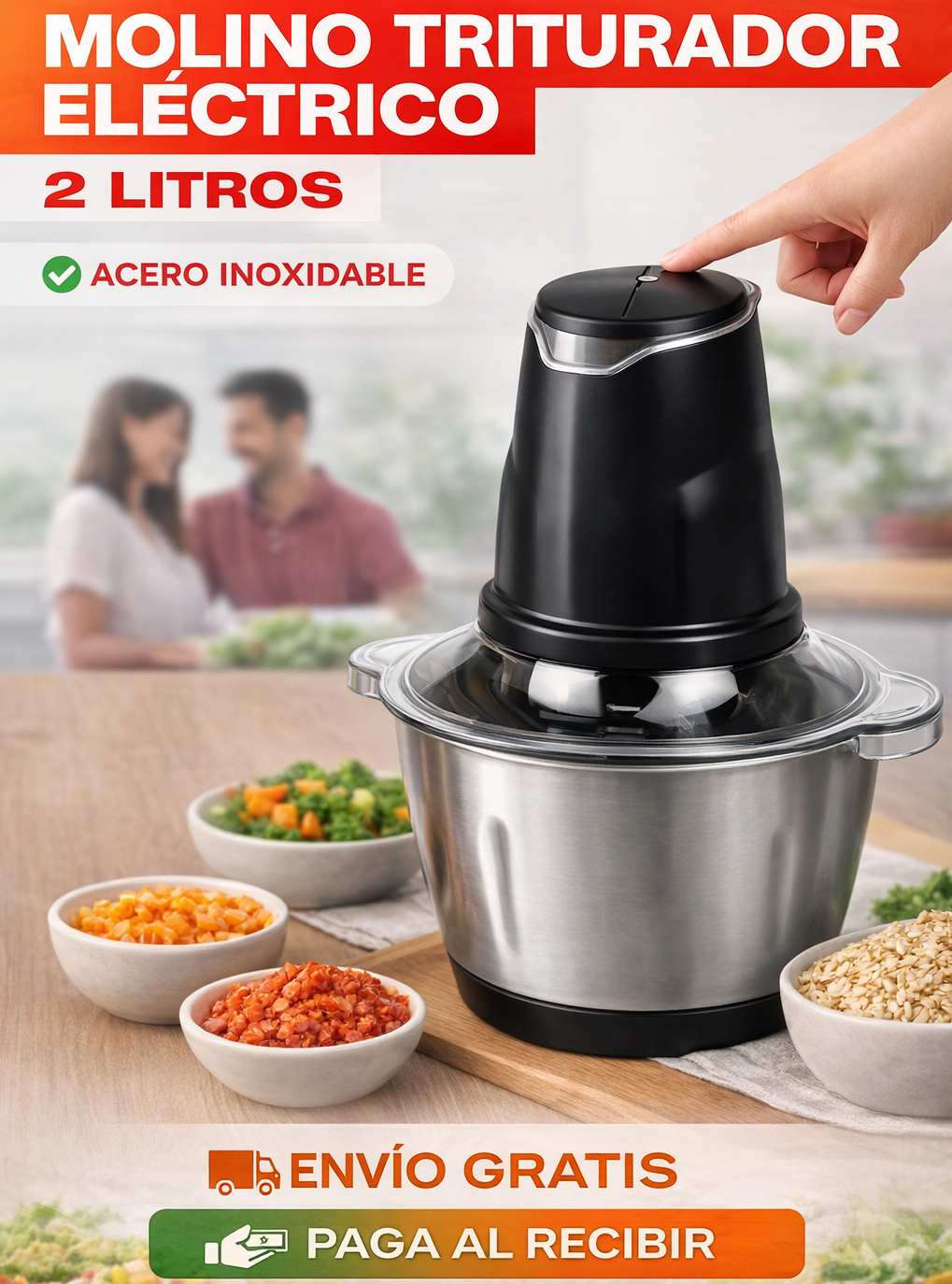 MOLINO TRITURADOR ELECTRICO 2.0L ¡Ahorra 15Min diarios en tu cocina sin esfuerzo!