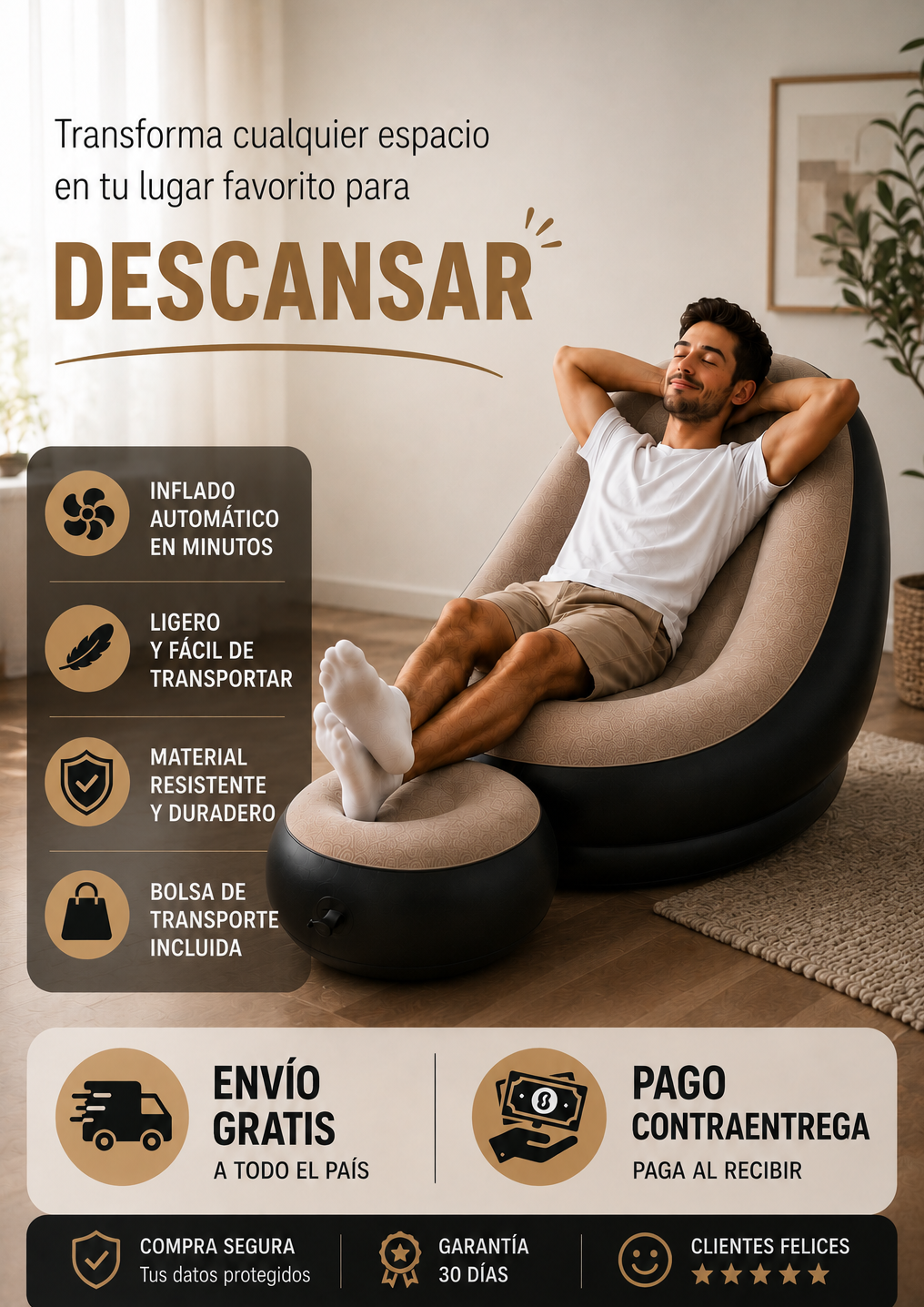 COMBO SILLON INFLABLE PREMIUM + POSAPIES PORTATIL - TU REFUGIO DE CONFORT AL INSTANTE