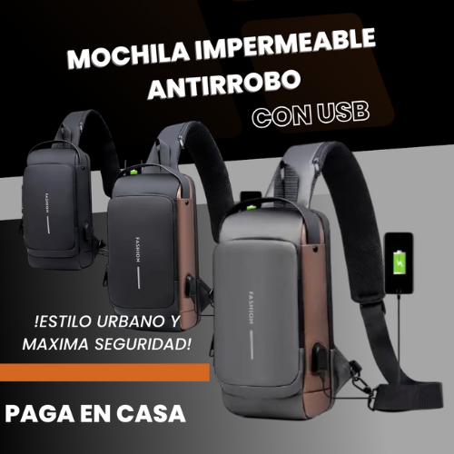 MOCHILA IMPERMEABLE ANTIRROBO CON USB