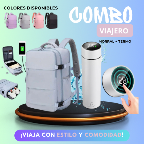 COMBO VIAJERO [MORRAL MULTIFUNCIONAL + TERMO INTELIGENTE LECTOR DE TEMPERATURA]