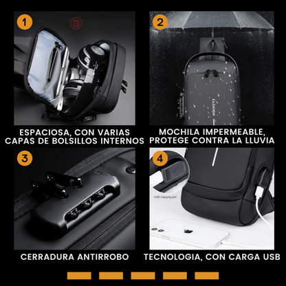 MOCHILA IMPERMEABLE ANTIRROBO CON USB