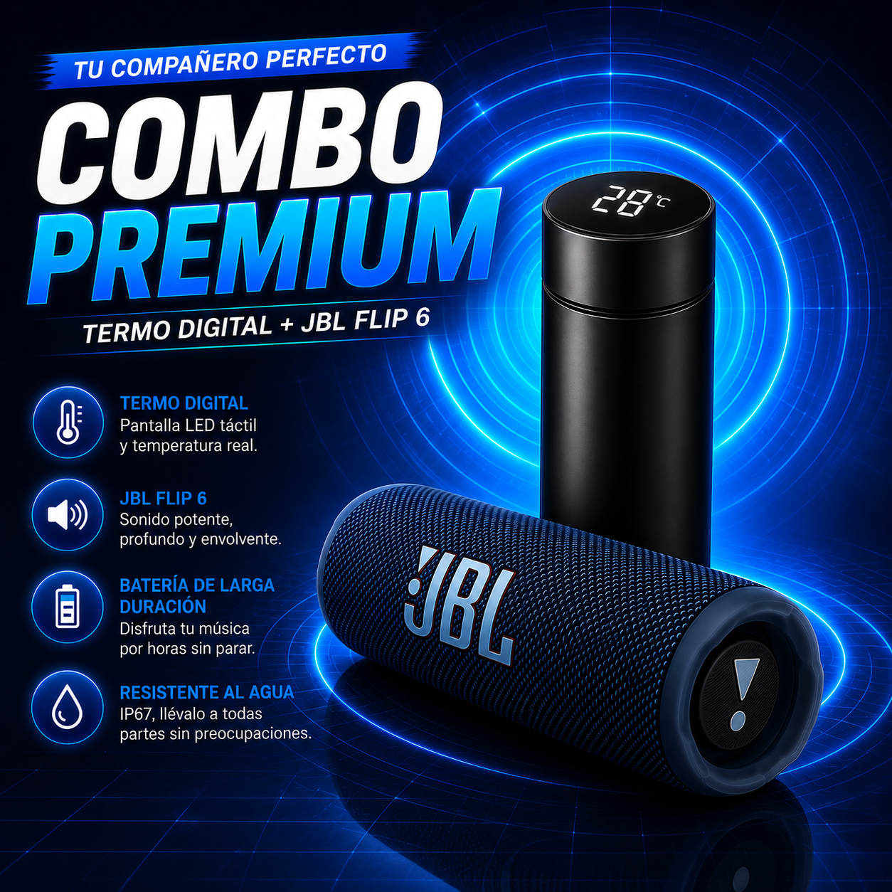 Combo Tecnologico 2 en 1 🎁_ JBL Flip 6 Sonido Potente + Termo Inteligente con Temperatura